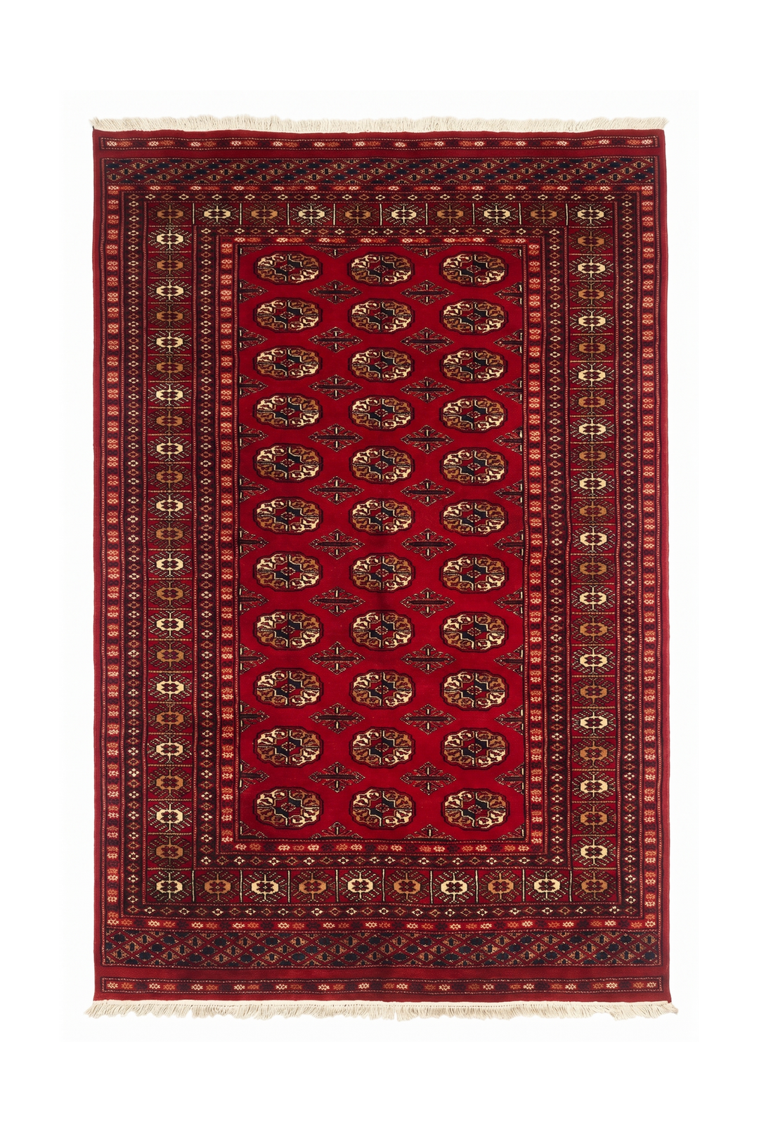 Bright Red Turkmen Gül Bokhara Rug, Hand-Knotted Pakistani Wool