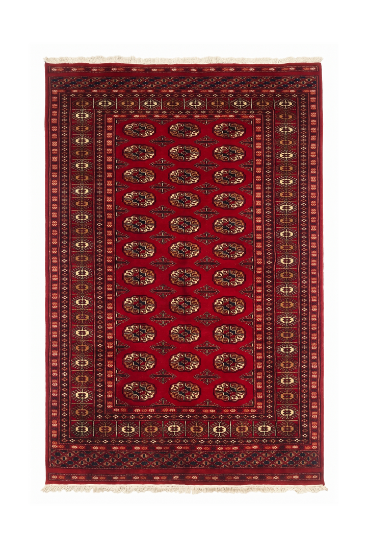 Bright Red Turkmen Gül Bokhara Rug, Hand-Knotted Pakistani Wool