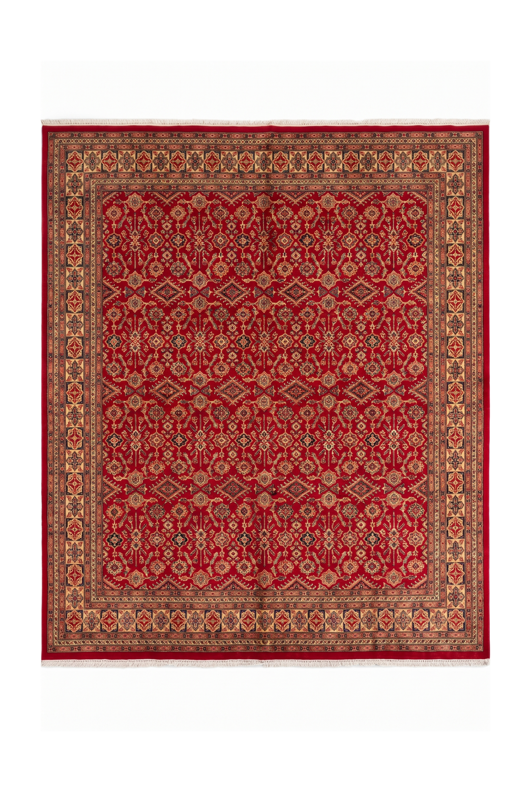 Red Polychrome Lattice Jaldar Square Rug, Hand-Knotted Pakistani Wool