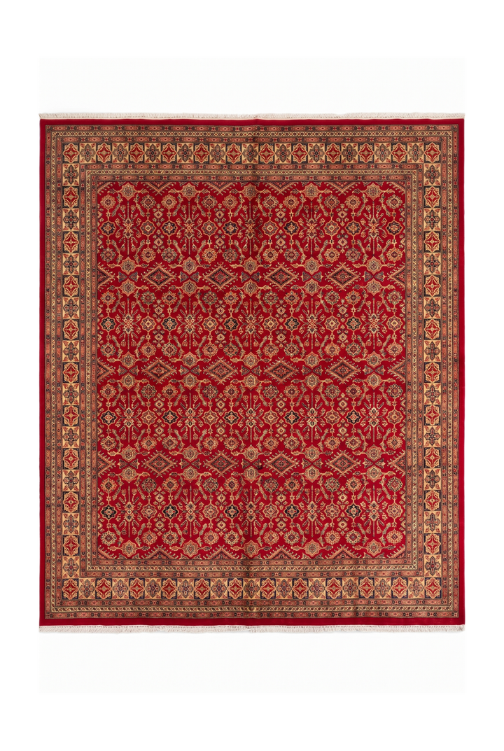 Red Polychrome Lattice Jaldar Square Rug, Hand-Knotted Pakistani Wool