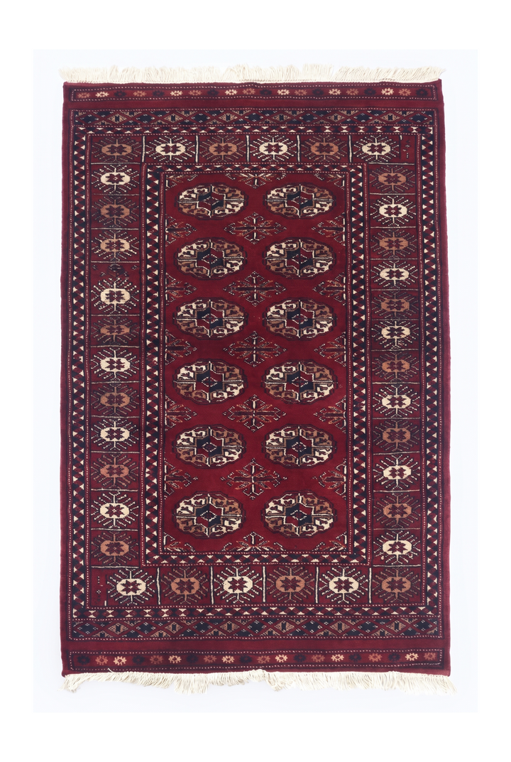 Wine Red Turkmen Gül Bokhara Small Rug, Hand-Knotted Pakistani Wool
