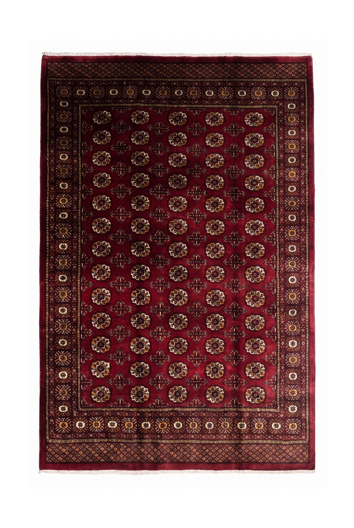 Burgundy Red Turkmen Gül Bokhara Rug, Hand-Knotted Pakistani Wool
