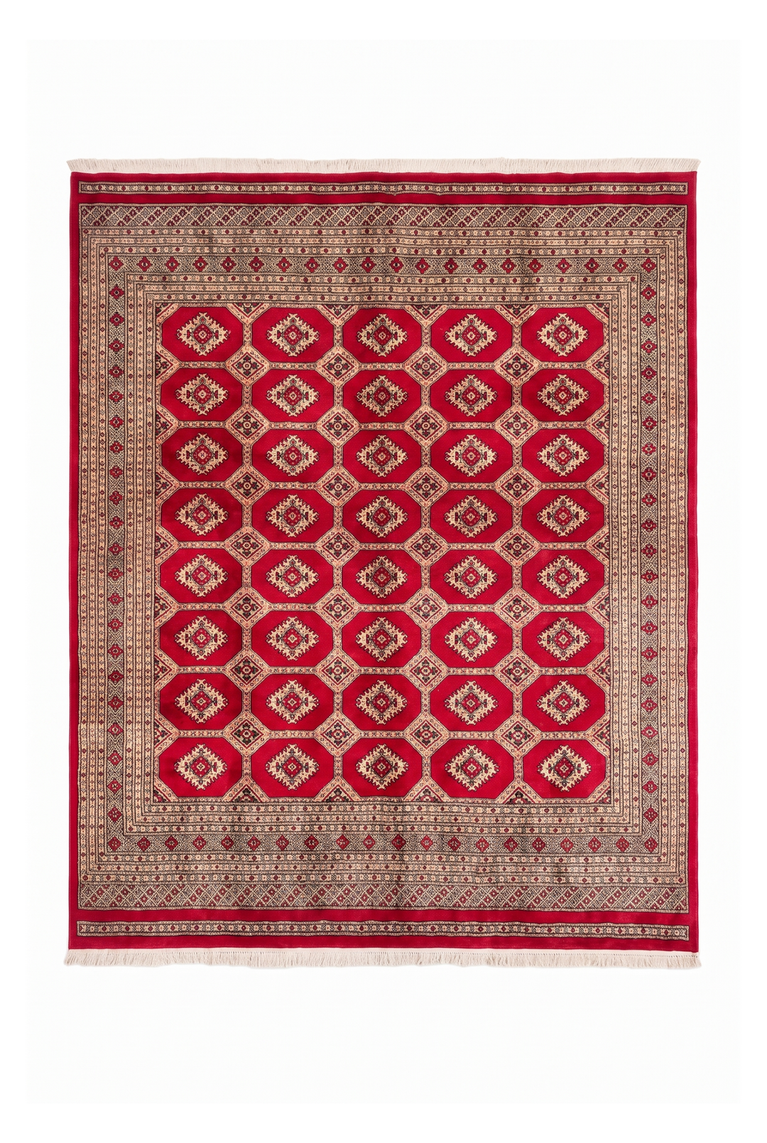 Cherry Red &amp; Cream Turkmen Gül Bokhara Square Rug, Hand-Knotted Pakistani Wool