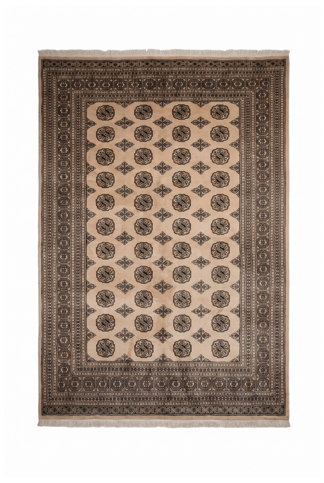 Sandy Beige &amp; Black Turkmen Gül Bokhara Rug, Hand-Knotted Pakistani Wool