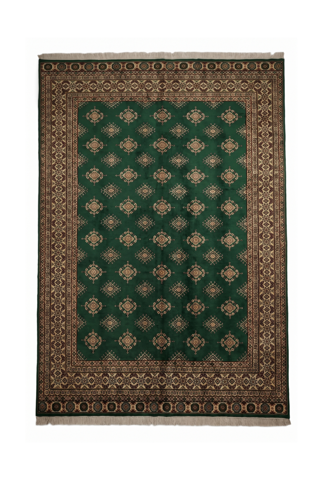 Pine Green &amp; Cream Diamond Jaldar Rug, Hand-Knotted Pakistani Wool