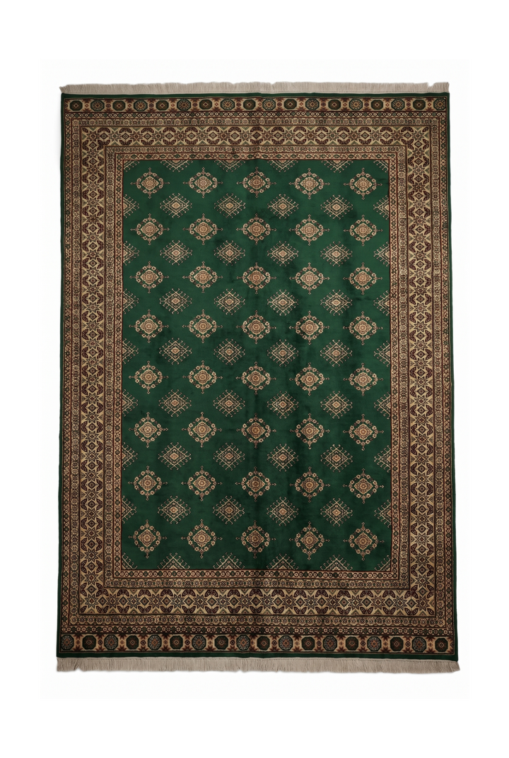 Pine Green &amp; Cream Diamond Jaldar Rug, Hand-Knotted Pakistani Wool