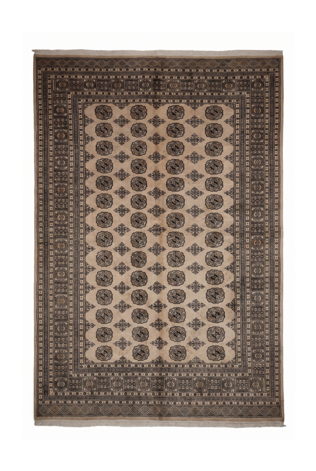 Warm Sand &amp; Charcoal Turkmen Gül Bokhara Rug, Hand-Knotted Pakistani Wool