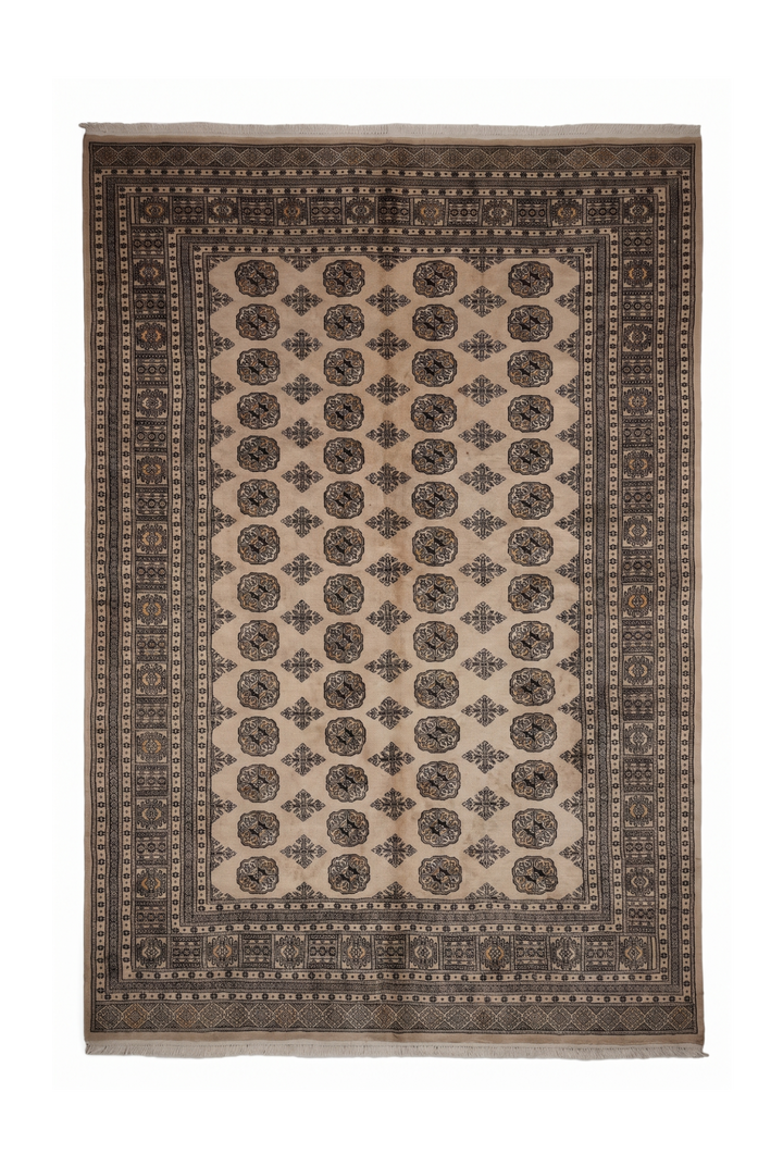 Warm Sand &amp; Charcoal Turkmen Gül Bokhara Rug, Hand-Knotted Pakistani Wool