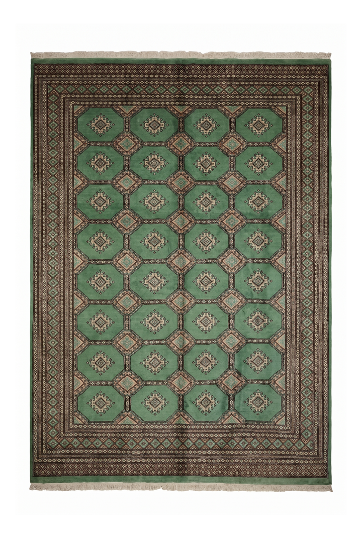 Jade Green &amp; Cream Gül Jaldar Rug, Hand-Knotted Pakistani Wool