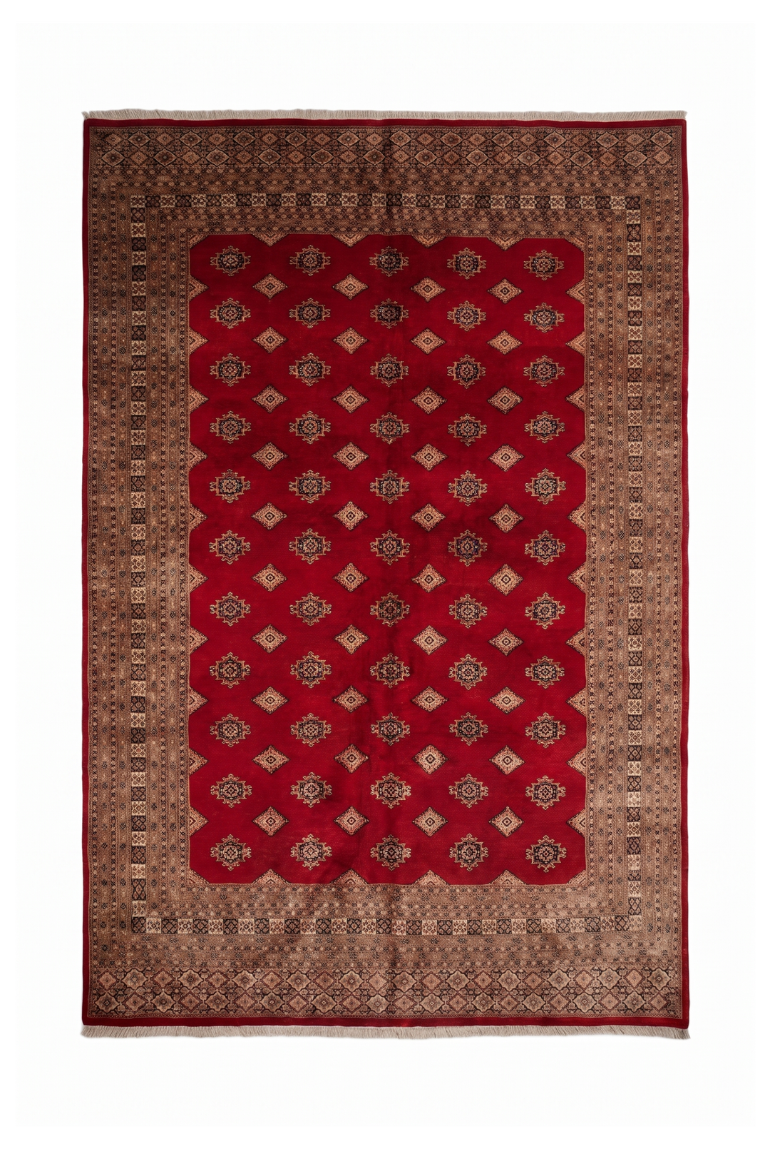 Brick Red &amp; Cream Diamond Jaldar Rug, Hand-Knotted Pakistani Wool &amp; Silk