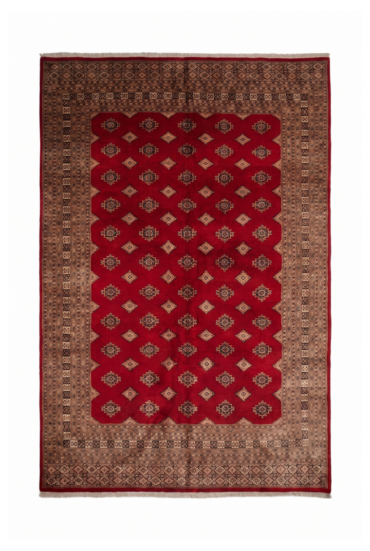 Brick Red &amp; Cream Diamond Jaldar Rug, Hand-Knotted Pakistani Wool &amp; Silk