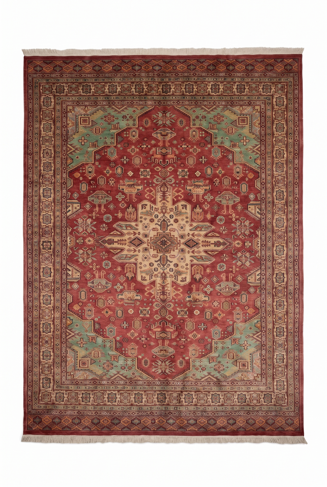 Rust Red &amp; Green Tribal Medallion Single Knot Wool and Silk Rug