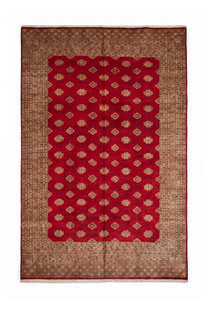 Ruby Red &amp; Cream Diamond Jaldar Rug, Hand-Knotted Pakistani Wool &amp; Silk