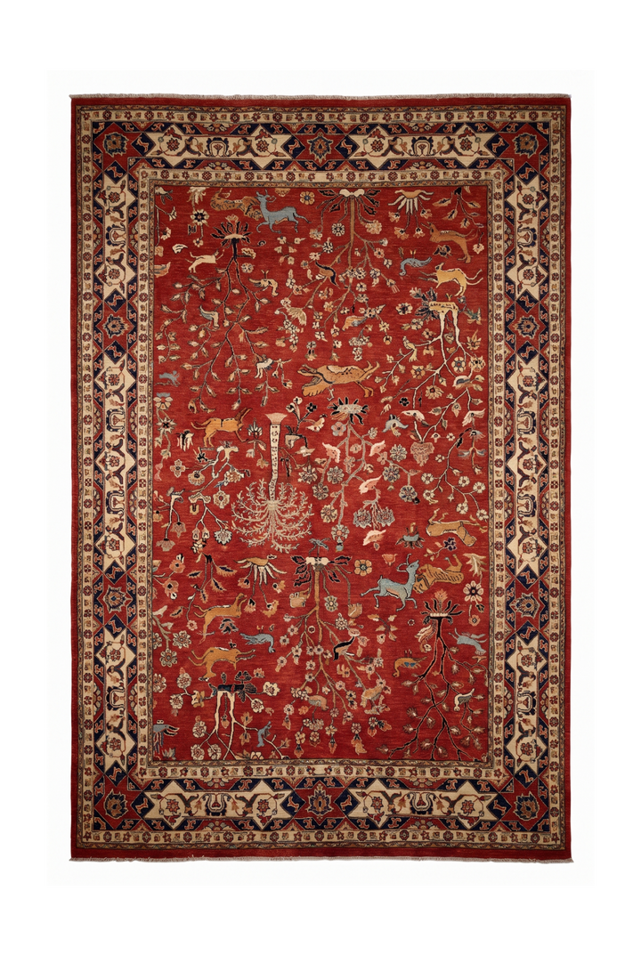 Red Shikargah Tree of Life Ghazni, Hand-Knotted Afghan Wool Rug