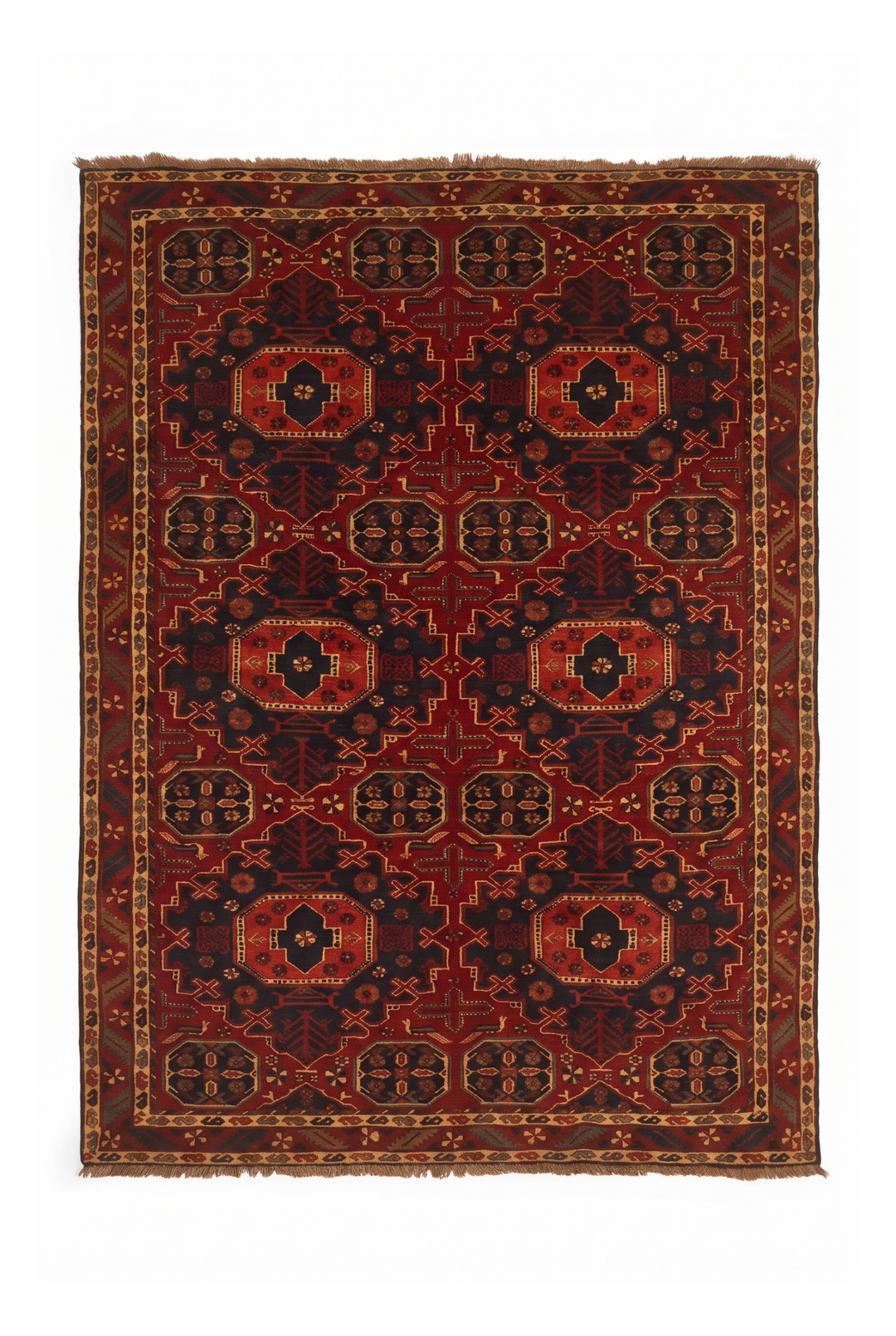 Red Turkmen Gül Rug, Hand-Knotted Afghani Sherwan