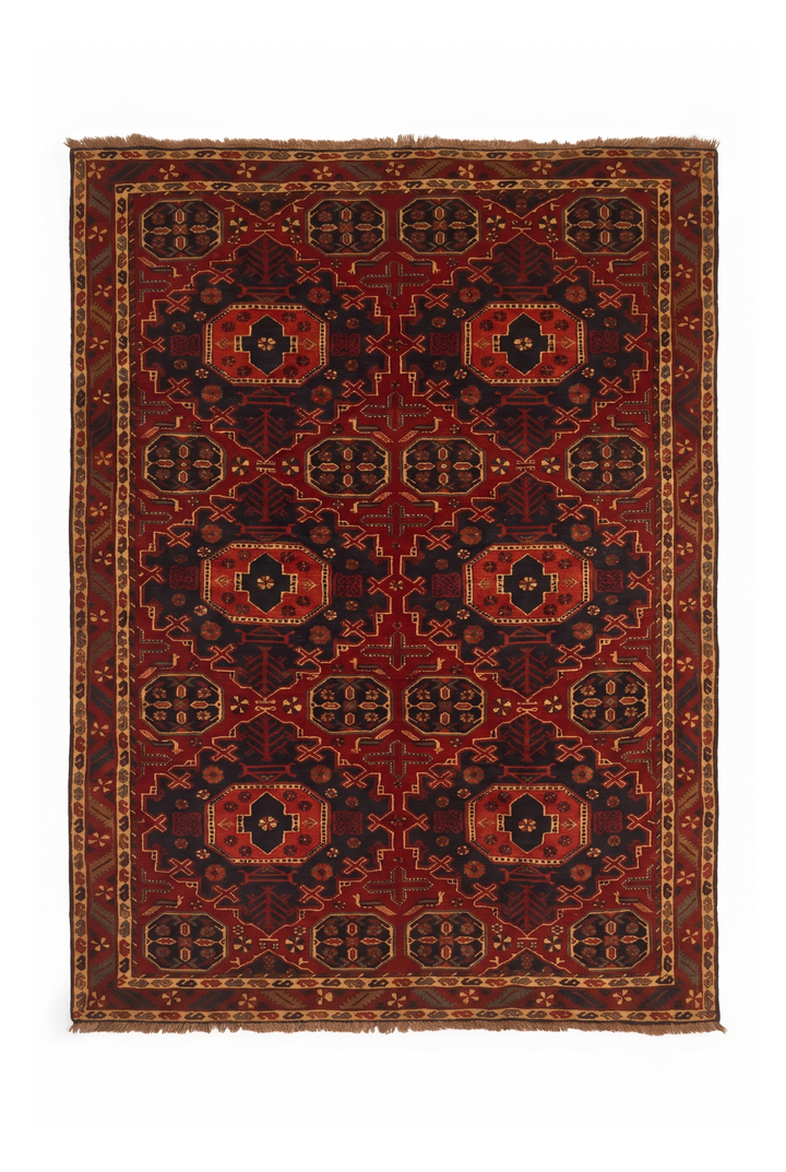 Red Turkmen Gül Rug, Hand-Knotted Afghani Sherwan