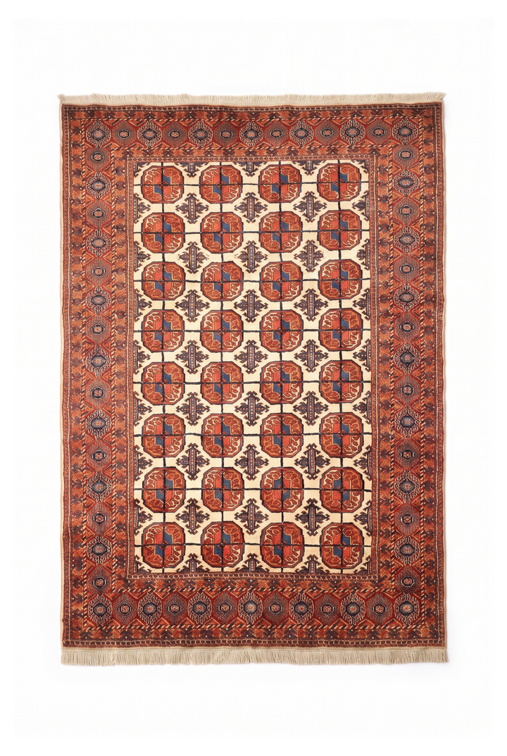 Gold &amp; Red Bokhara Gül Rug, Hand-Knotted Afghani Sherwan