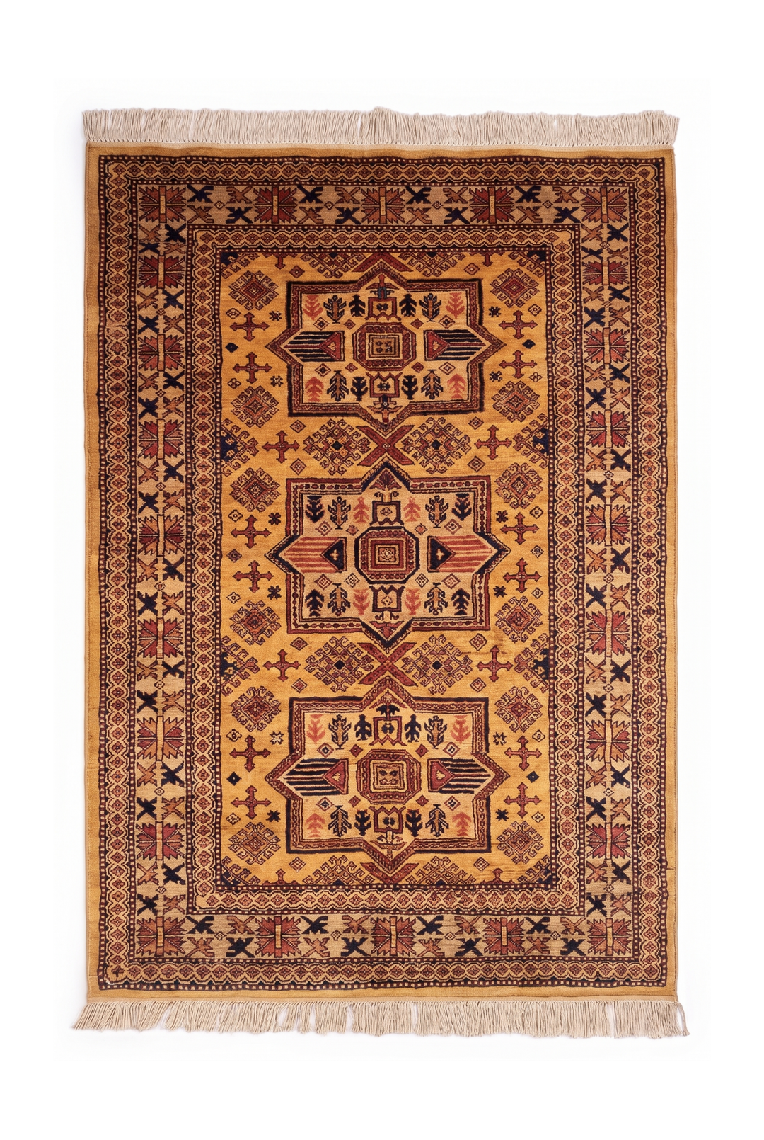 Gold Star-Medallion Kazak Rug, Hand-Knotted Afghan Wool