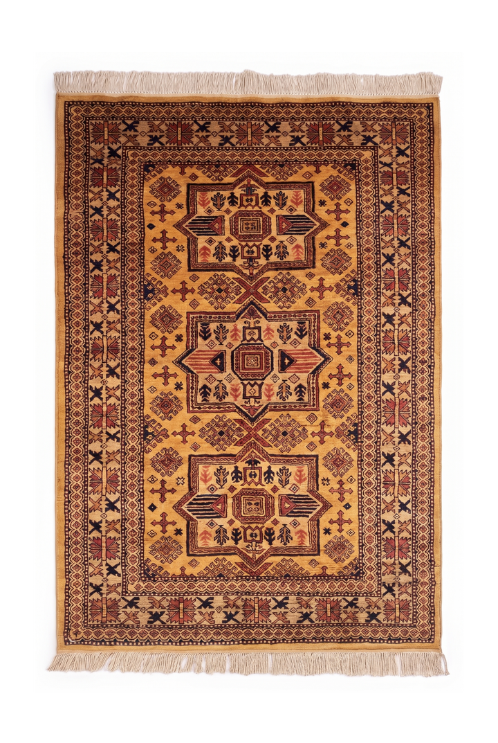 Gold Star-Medallion Kazak Rug, Hand-Knotted Afghan Wool
