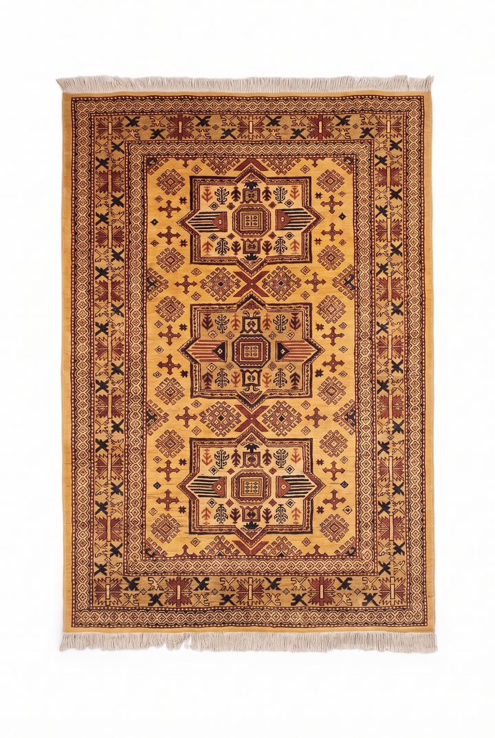 Gold Tribal Star Kazak Rug, Hand-Knotted Afghan Wool