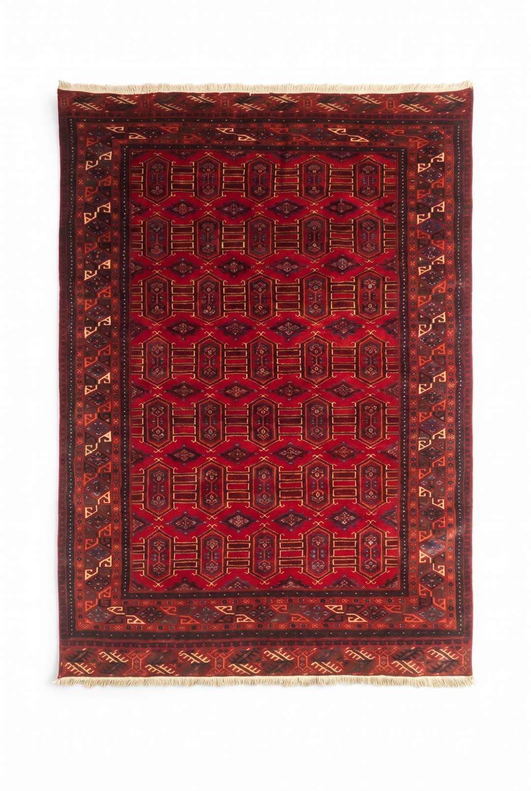 Deep Red Turkmen Panel Rug, Hand-Knotted Afghani Sherwan