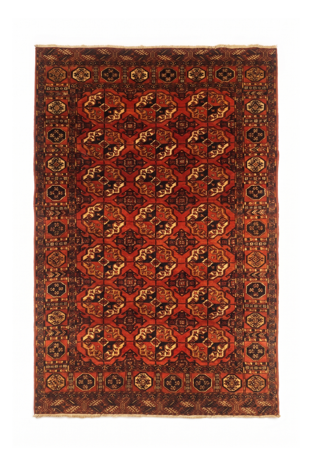 Burnt Orange Bokhara Gül Rug, Hand-Knotted Afghani Sherwan