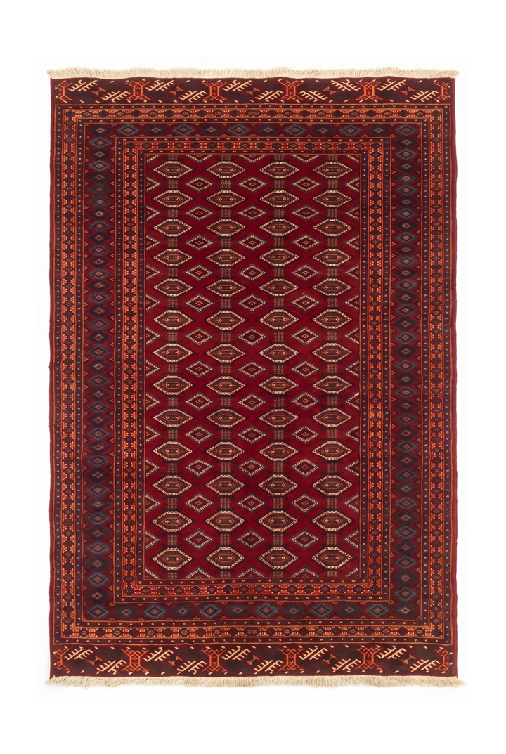 Deep Red Turkmen Lattice Rug, Hand-Knotted Afghani Sherwan