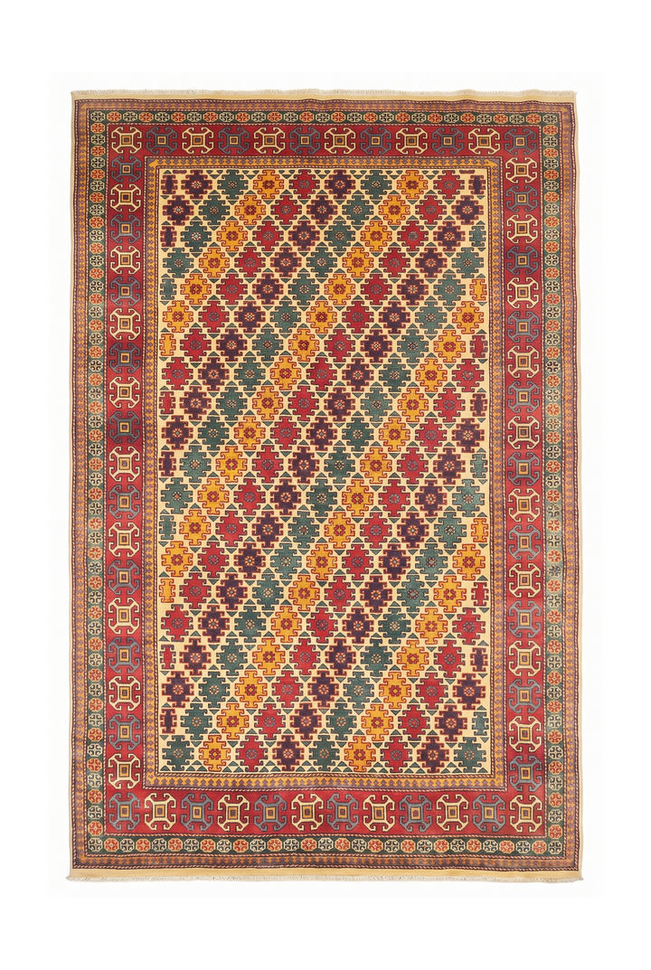 Multicolour Diamond Lattice Rug, Hand-Knotted Afghani Sherwan