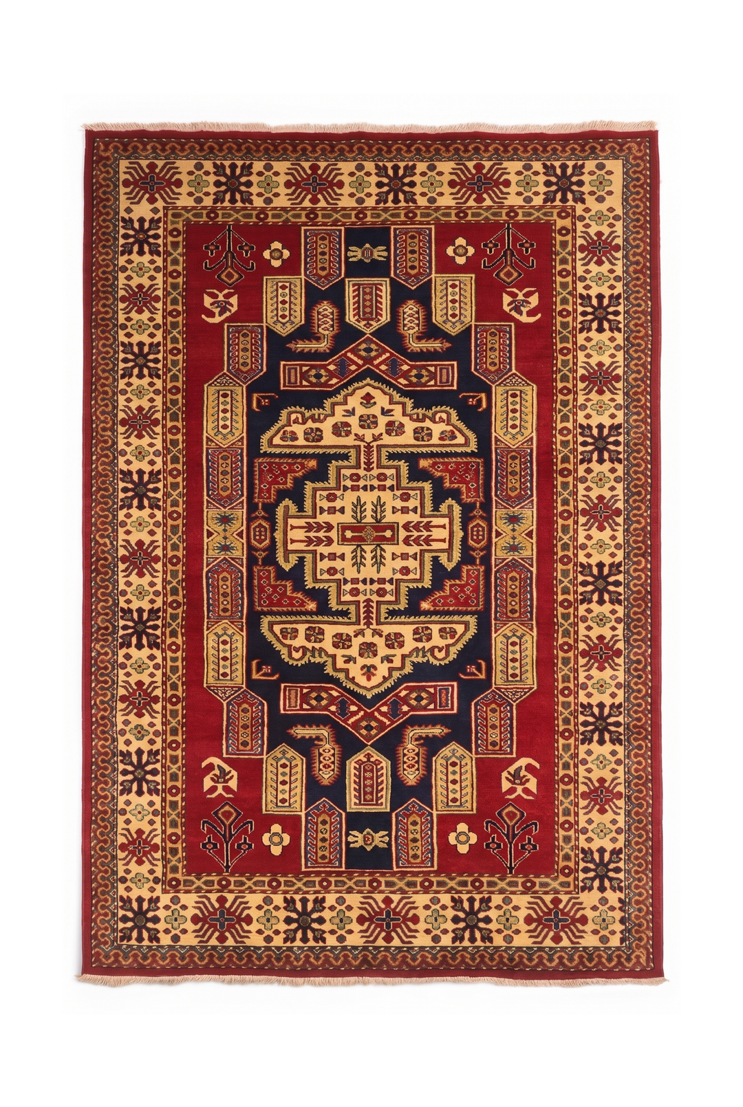 Red &amp; Navy Kazak Medallion Rug, Hand-Knotted Afghani Sherwan