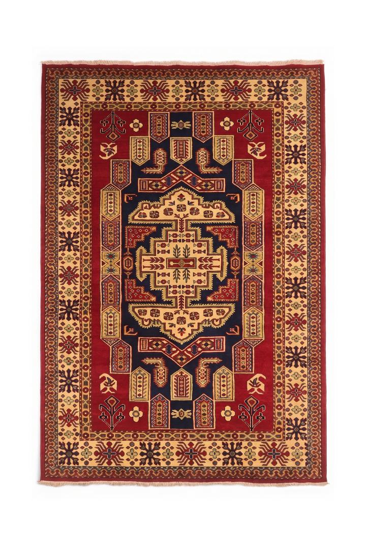 Red &amp; Navy Kazak Medallion Rug, Hand-Knotted Afghani Sherwan