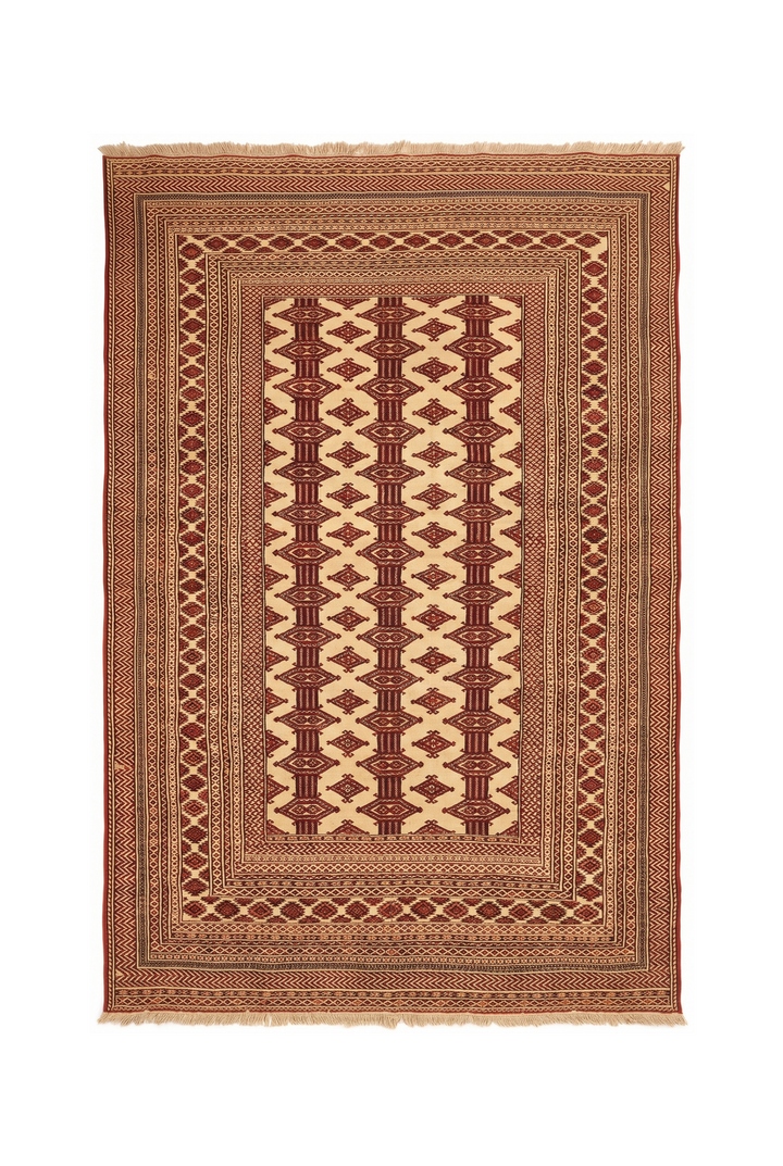 Ivory &amp; Red Turkmen Tribal Rug, Hand-Knotted Afghani Sherwan