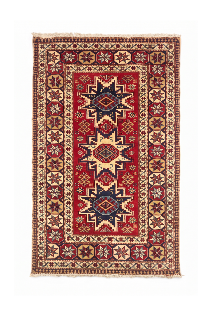 Red &amp; Ivory Kazak Star Rug, Hand-Knotted Afghani Sherwan