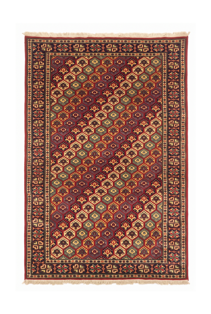 Multicolour Honeycomb Rug, Hand-Knotted Afghani Sherwan