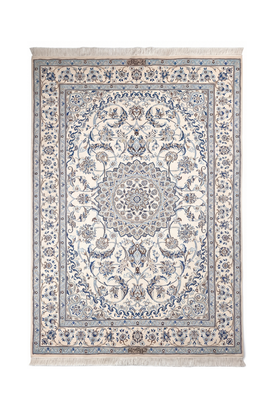 Ivory &amp; Blue Medallion Persian Nain, Hand-Knotted Wool Rug