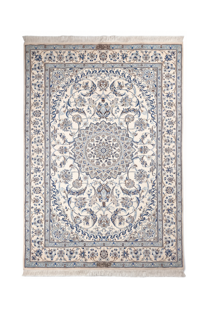Ivory &amp; Blue Medallion Persian Nain, Hand-Knotted Wool Rug