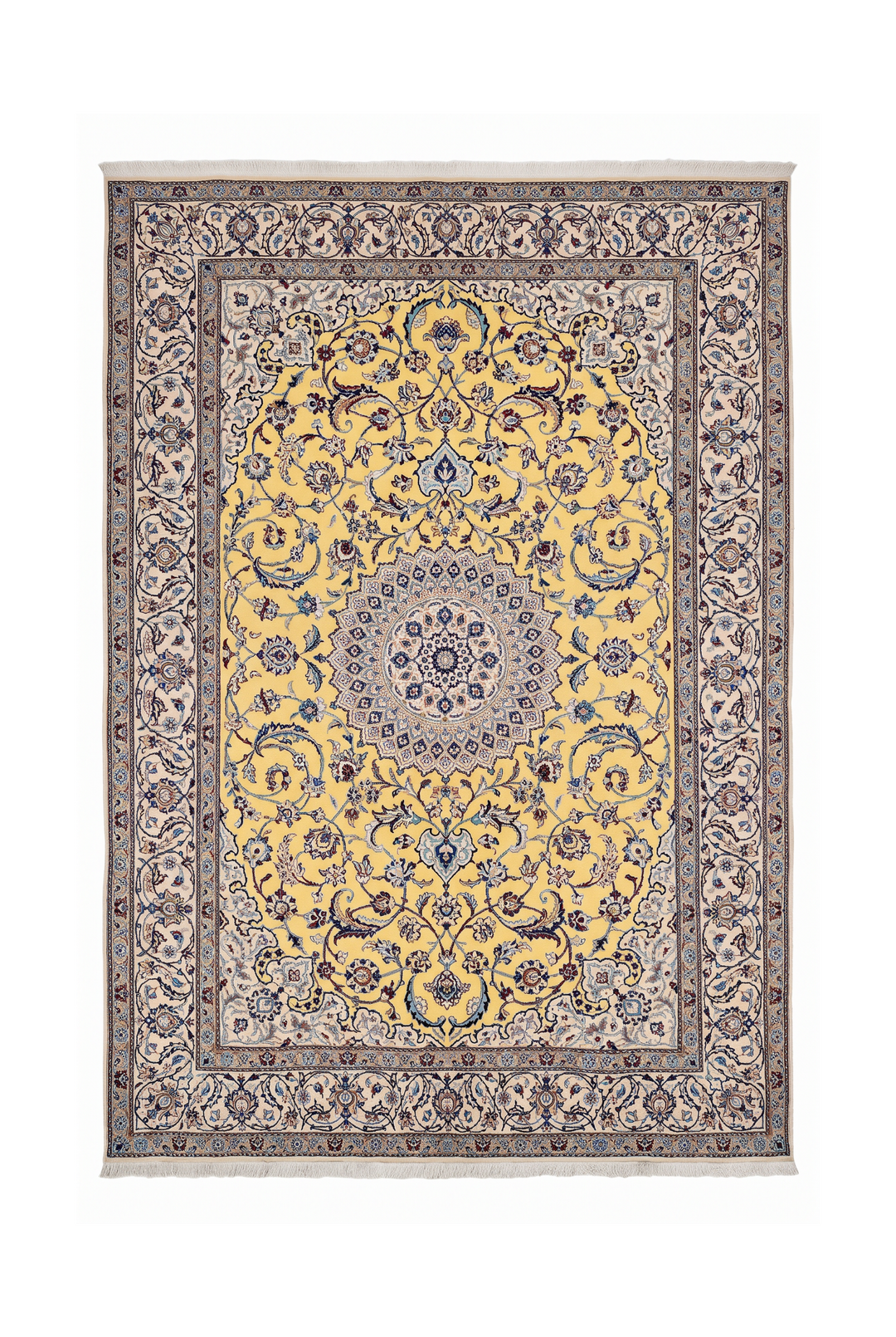 Saffron-Yellow Medallion Persian Nain, Hand-Knotted Wool Rug