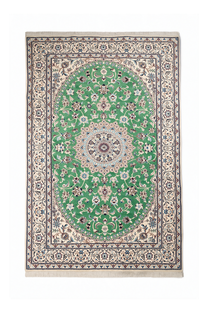Pistachio-Green Medallion Persian Nain, Hand-Knotted Wool Rug
