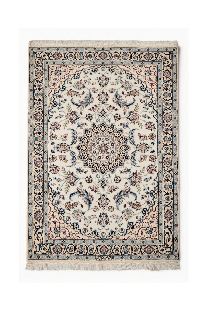 Ivory Medallion Persian Nain, Hand-Knotted Wool Rug