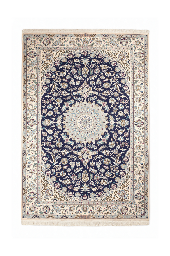 Royal-Blue Medallion Persian Nain, Hand-Knotted Wool Rug