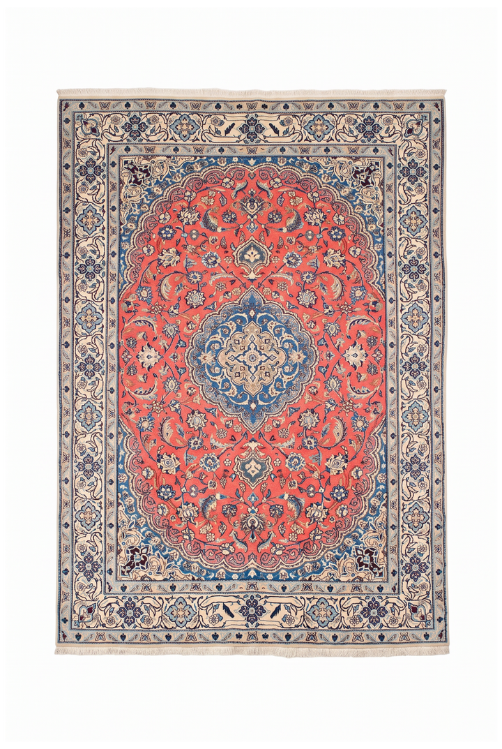 Coral Medallion Persian Nain, Hand-Knotted Wool Rug
