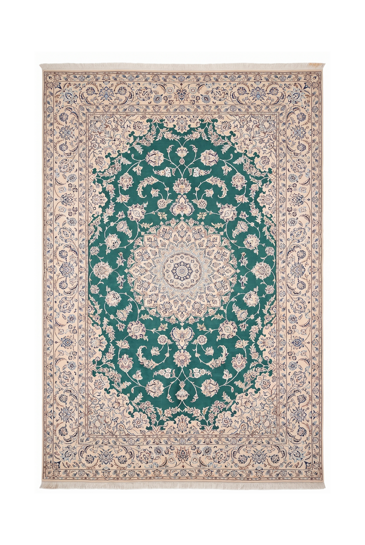 Teal Medallion Persian Nain, Hand-Knotted Wool Rug