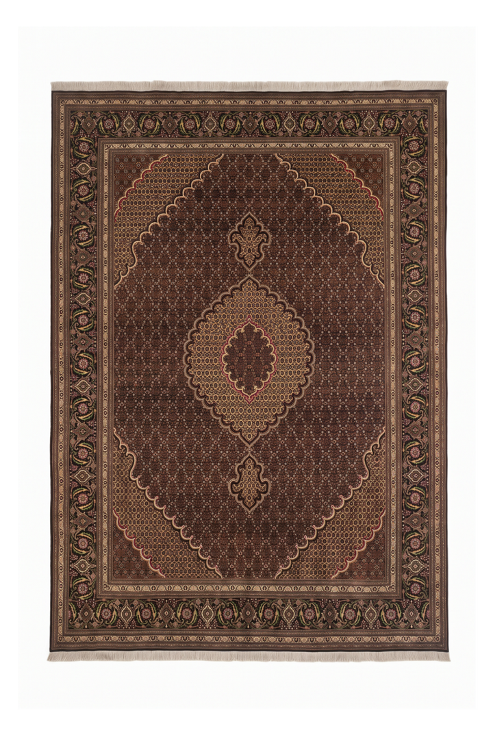 Brown Mahi Medallion Persian Tabriz, Hand-Knotted Wool Rug