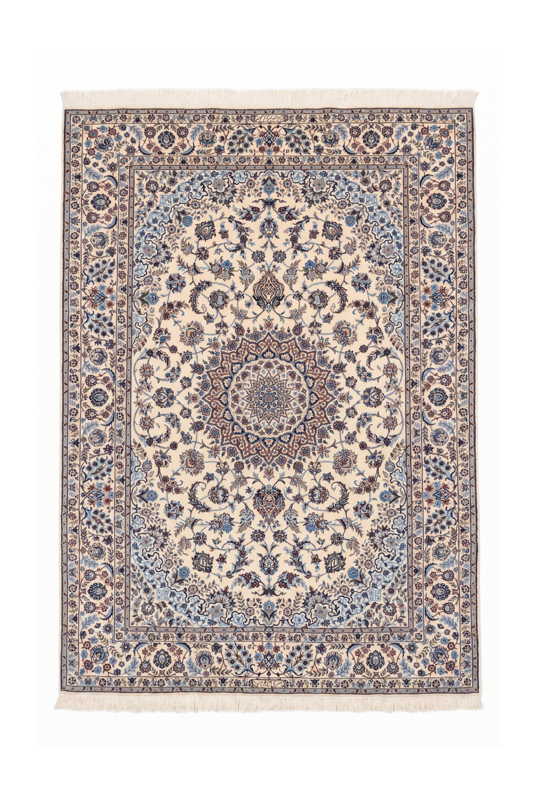 Persian Nain Hand-Knotted Ivory &amp; Blue Medallion Rug — 165×238 cm