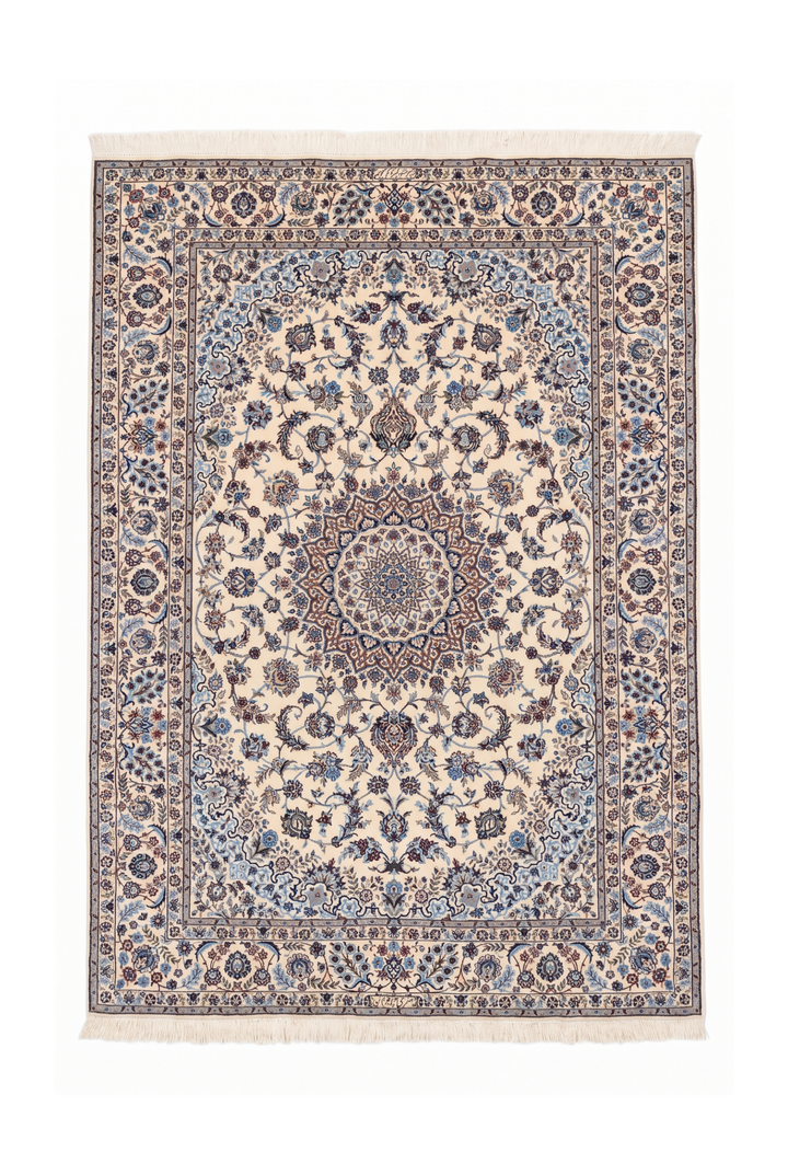 Persian Nain Hand-Knotted Ivory &amp; Blue Medallion Rug — 165×238 cm