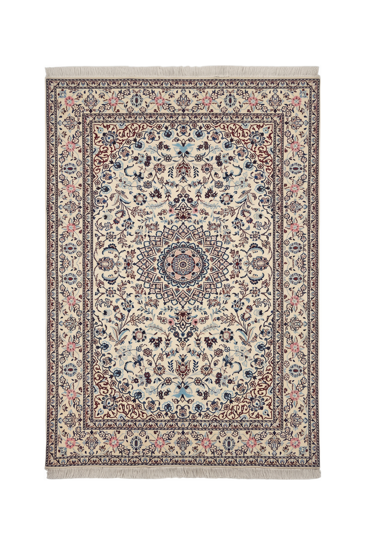 Persian Nain Hand-Knotted Ivory Medallion Rug