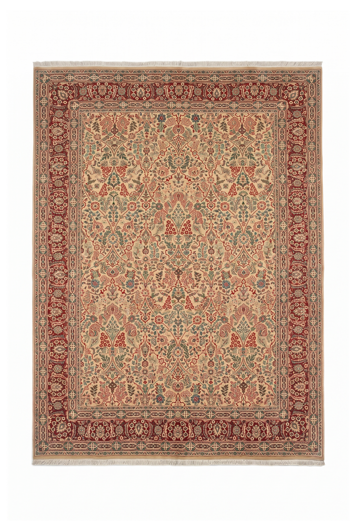 Cream and Red Floral, Hand-Knotted Pakistani Wool Rug