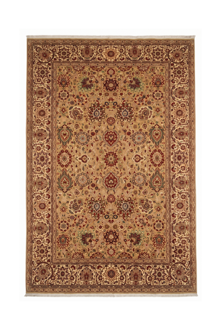 Gold and Ivory Tabriz Floral, Hand-Knotted Pakistani Wool Rug