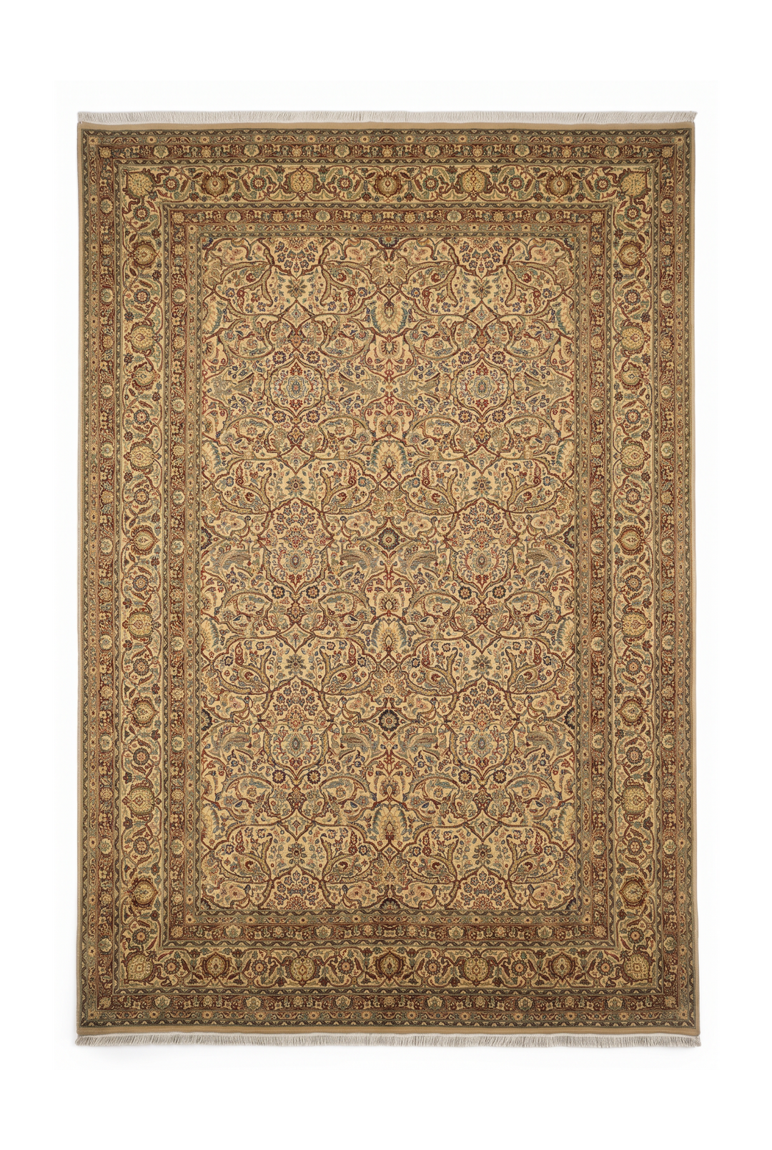 Cream and Brown Afshan Shah Abbasi, Hand-Knotted Pakistani Wool Rug
