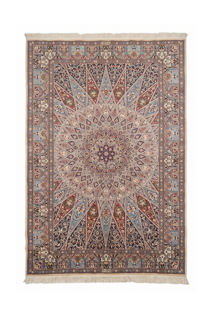 Ivory and Blue Gonbad Dome Persian Nain, Hand-Knotted Wool Rug