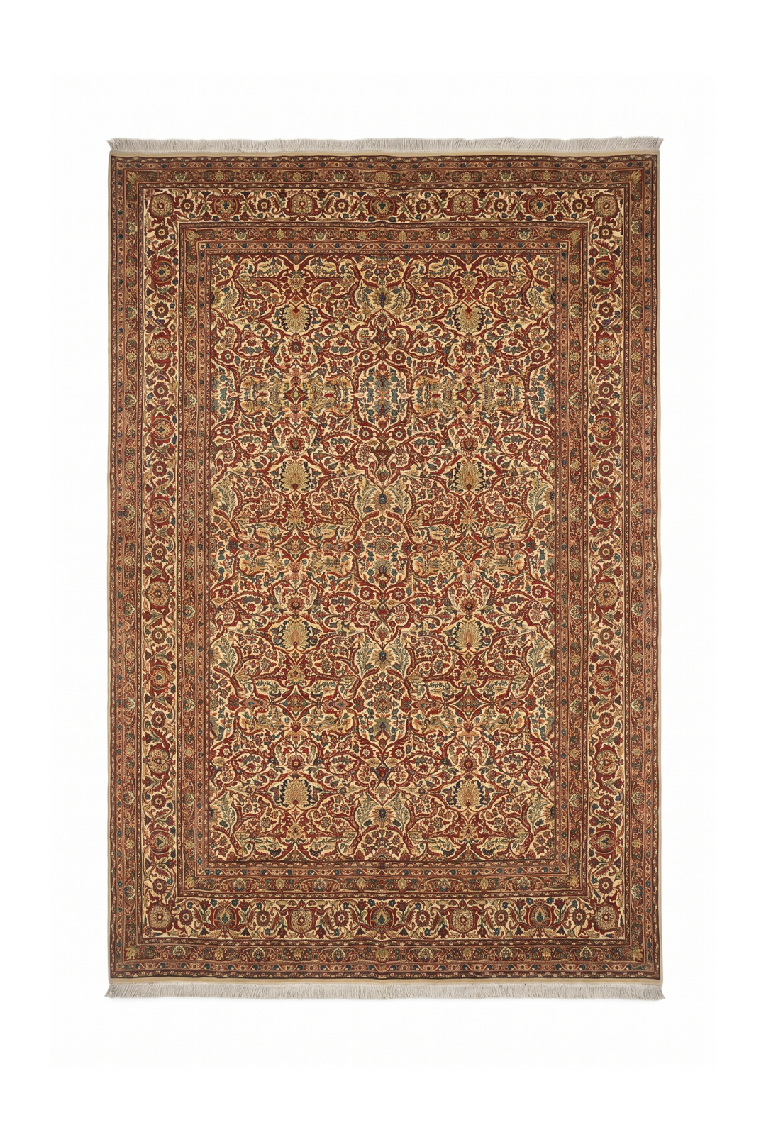 Cream and Red Floral Lattice, Hand-Knotted Wool Rug